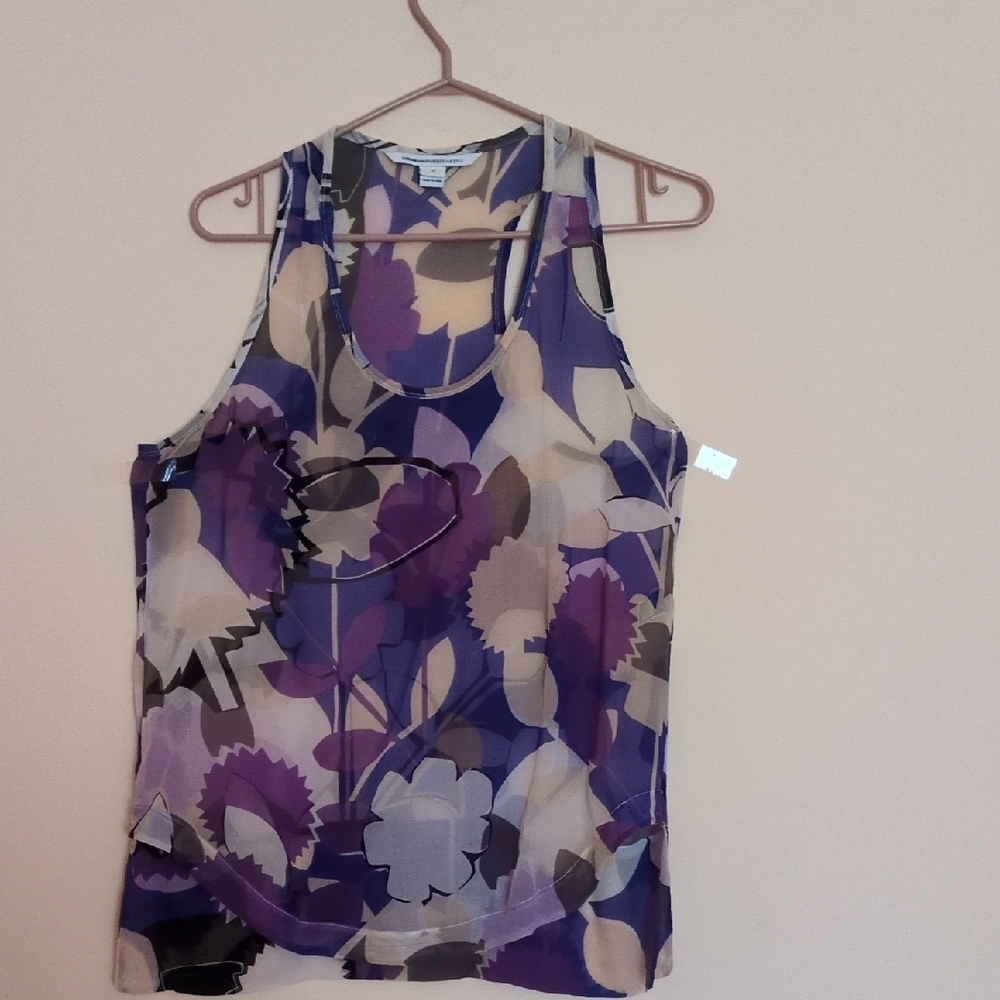 Diane von FURSTENBERG Silk Floral Purple Sleeveless Top Sz 10